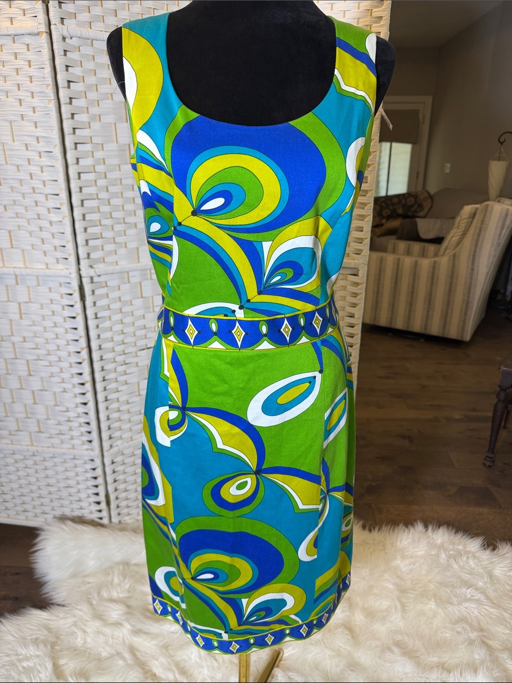 Harve Benard Blue & Green Retro Print Midi Dress